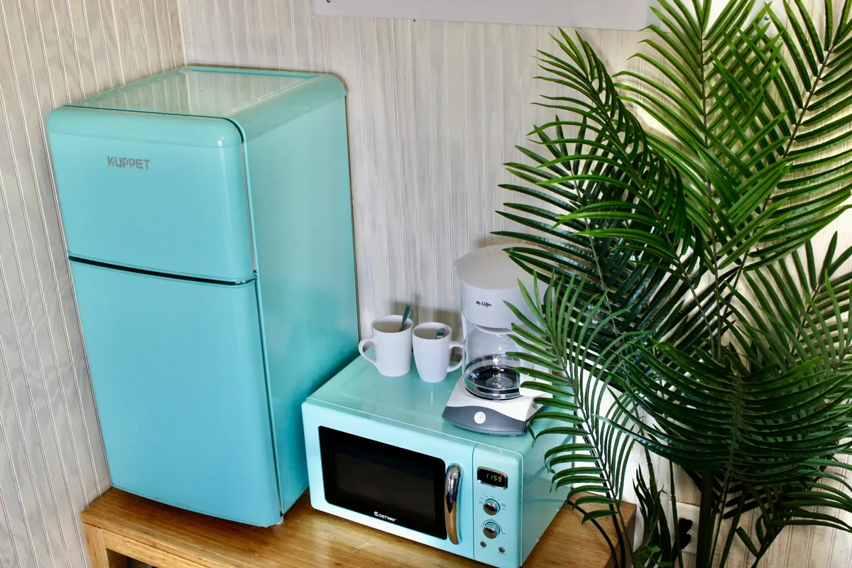 This image depicts a cheerful kitchenette interior with an aqua-colored refrigerator, microwave, and coffeemaker arranged on sleek countertops. A potted plant adds a touch of freshness, while the setup suggests easy preparation of coffee or snacks. The scene radiates a relaxed, inviting vibe, perfect for casual meals or morning routines.