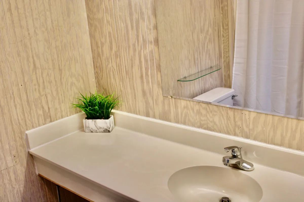 This image showcases a serene bathroom interior featuring a clean sink, a large mirror, and a touch of greenery from a potted plant. The space is bathed in soft, natural light, emphasizing its calming and functional atmosphere. The layout is uncluttered, offering plenty of room for personal grooming and relaxation after a day at the beach.